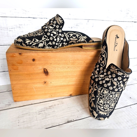 Montana West Black & Ivory Cream Embroidered Rhinestone Mules Flats Shoes - Picture 3 of 16